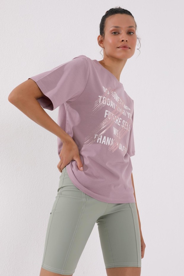 TommyLife - Gül Kurusu Deforme Yazı Baskılı O Yaka Kadın Oversize T-Shirt - 97133