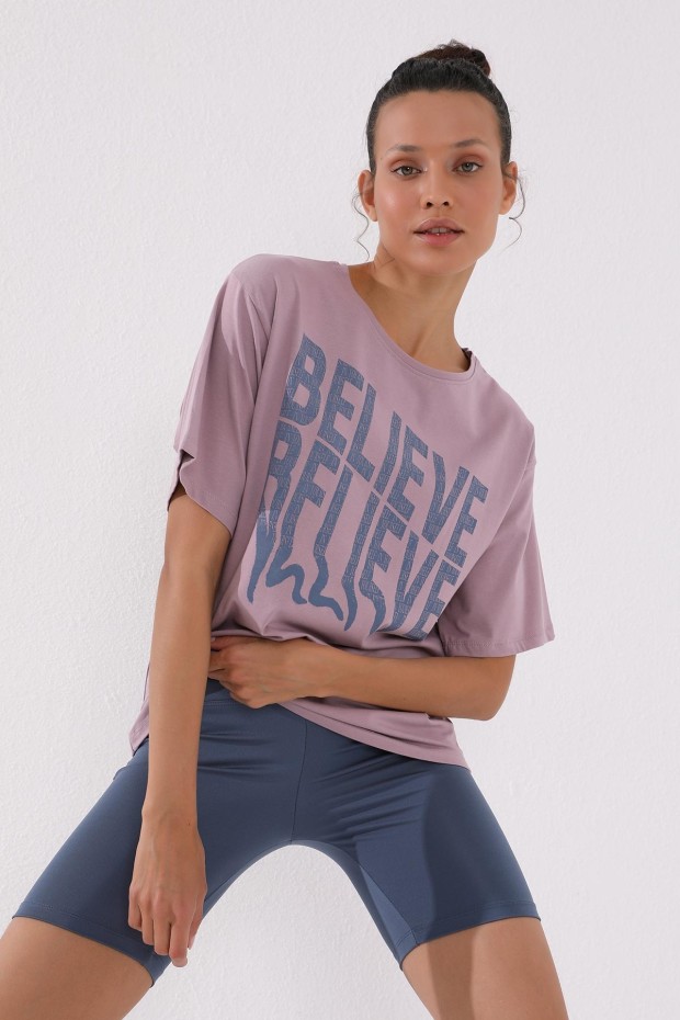 Gül Kurusu Deforme Yazı Baskılı O Yaka Oversize Kadın T-Shirt - 97139