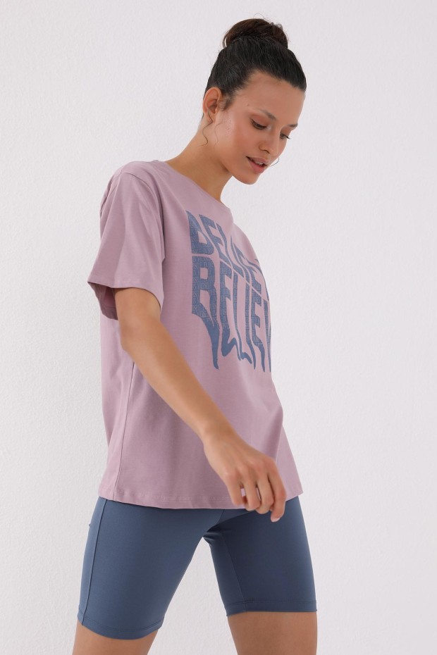 Gül Kurusu Deforme Yazı Baskılı O Yaka Oversize Kadın T-Shirt - 97139
