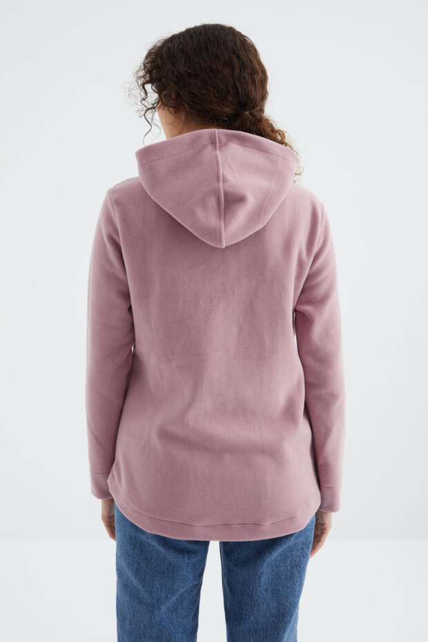 Gül Kurusu Kapüşonlu Fermuarlı Rahat Form Kadın Polar Sweatshirt - 97233
