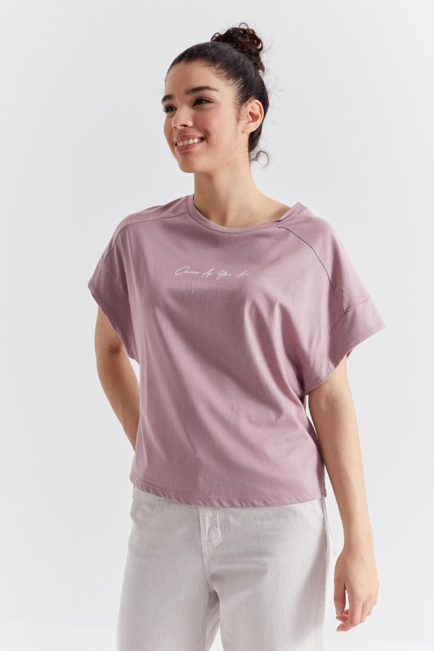 Gül Kurusu Minimal Yazı Baskılı O Yaka Oversize Kadın T-Shirt - 97219