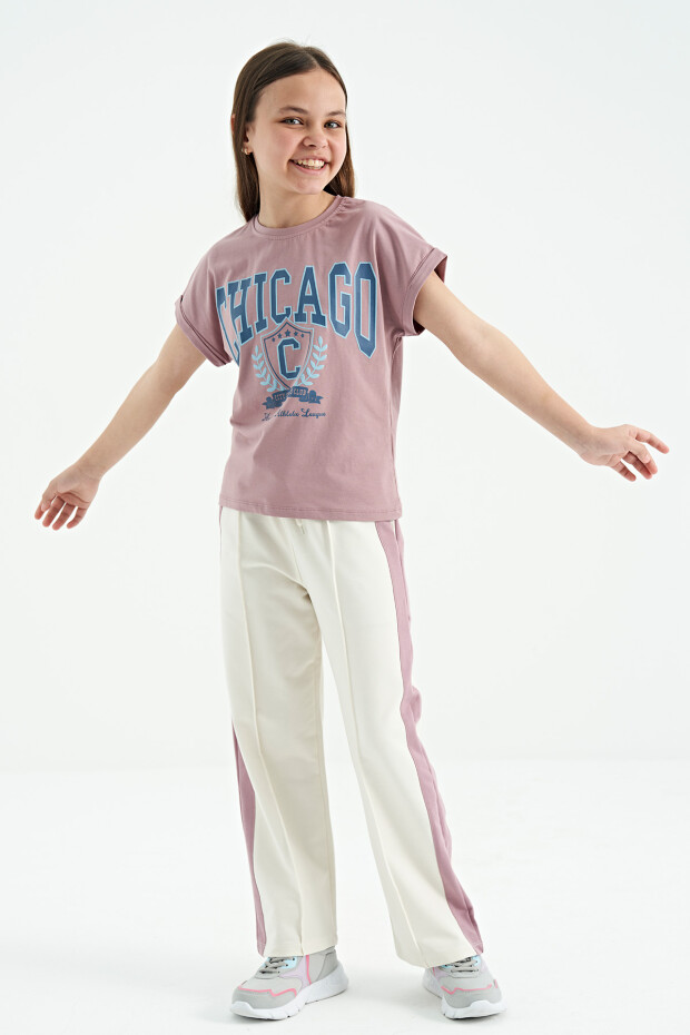 Gül Kurusu O Yaka Düşük Omuzlu Rahat Form Kısa Kollu Kız Çocuk T-Shirt - 75128