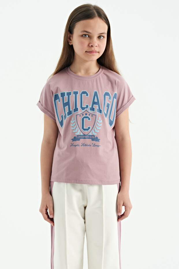 Gül Kurusu O Yaka Düşük Omuzlu Rahat Form Kısa Kollu Kız Çocuk T-Shirt - 75128