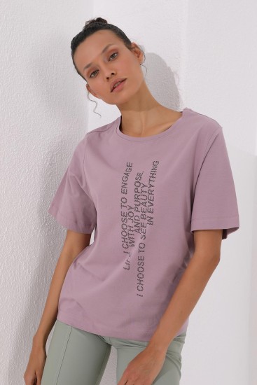 Gül Kurusu Pembe Dikey Yazı Baskılı O Yaka Kadın Oversize T-Shirt - 97138 - Thumbnail