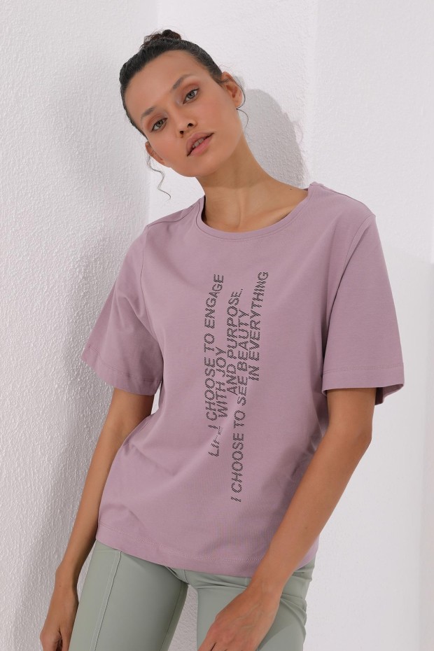 Gül Kurusu Pembe Dikey Yazı Baskılı O Yaka Kadın Oversize T-Shirt - 97138