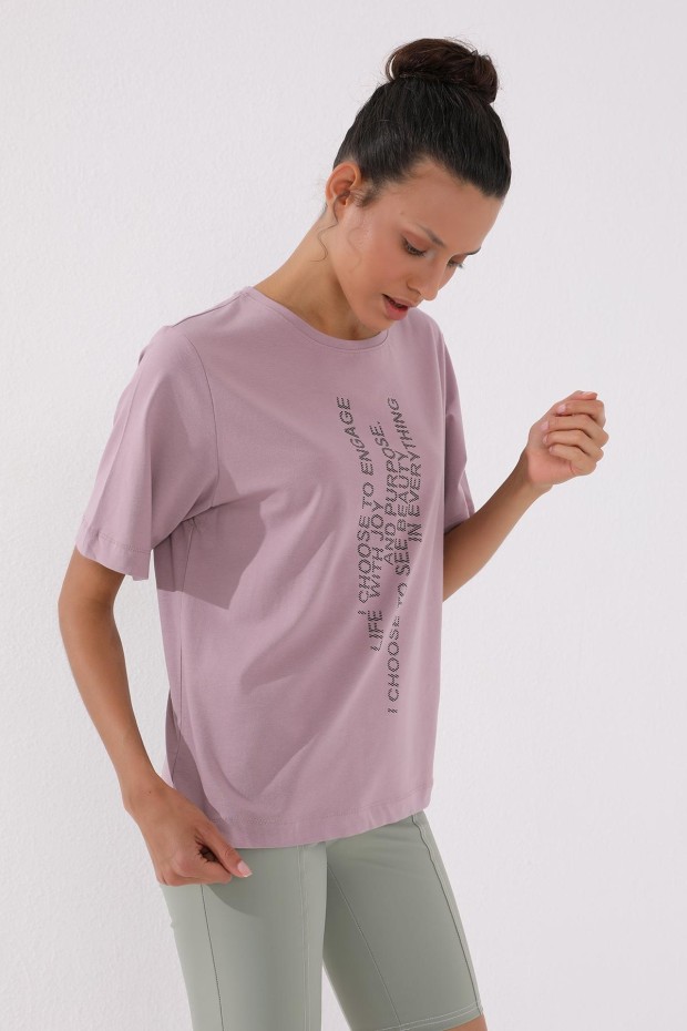 Gül Kurusu Pembe Dikey Yazı Baskılı O Yaka Kadın Oversize T-Shirt - 97138 - Thumbnail