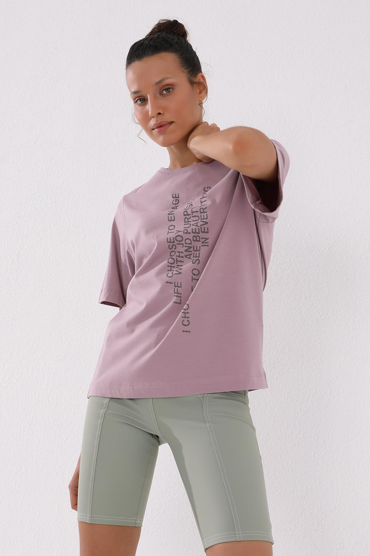 Gül Kurusu Pembe Dikey Yazı Baskılı O Yaka Kadın Oversize T-Shirt - 97138