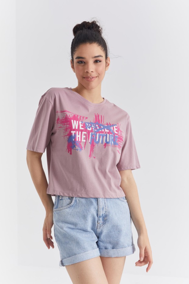 Gül Kurusu Renkli Yazı Baskılı O Yaka Kadın Oversize T-Shirt - 97212
