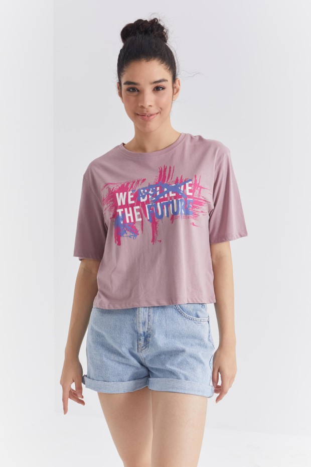Gül Kurusu Renkli Yazı Baskılı O Yaka Kadın Oversize T-Shirt - 97212