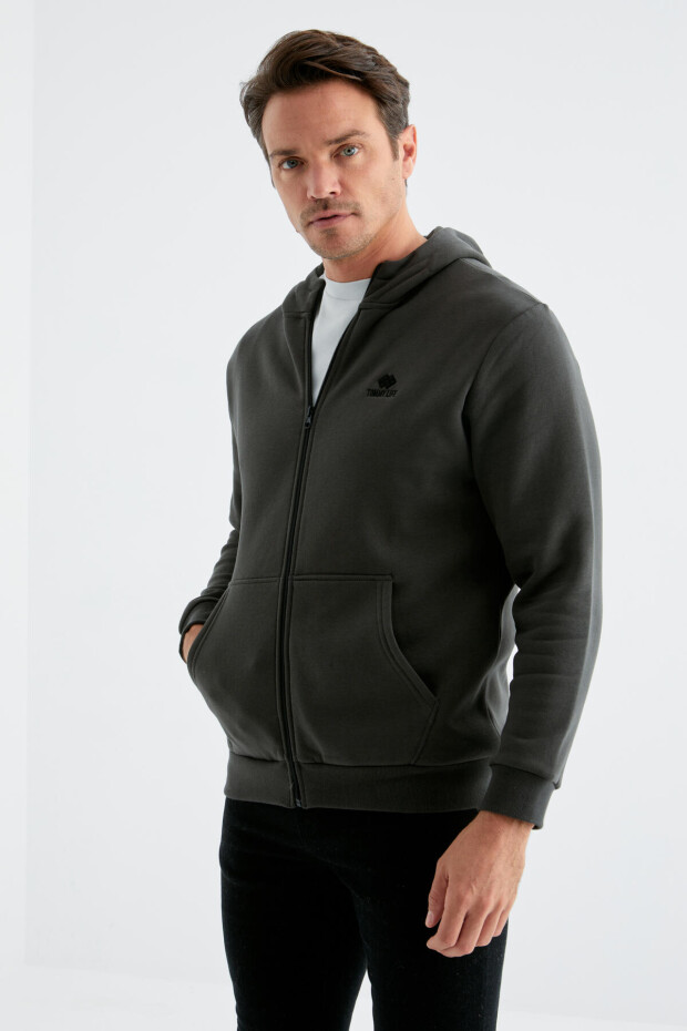 Haki Basic Kapüşonlu Rahat Form Nakış Detaylı Fermuarlı Erkek Sweatshirt - 88035