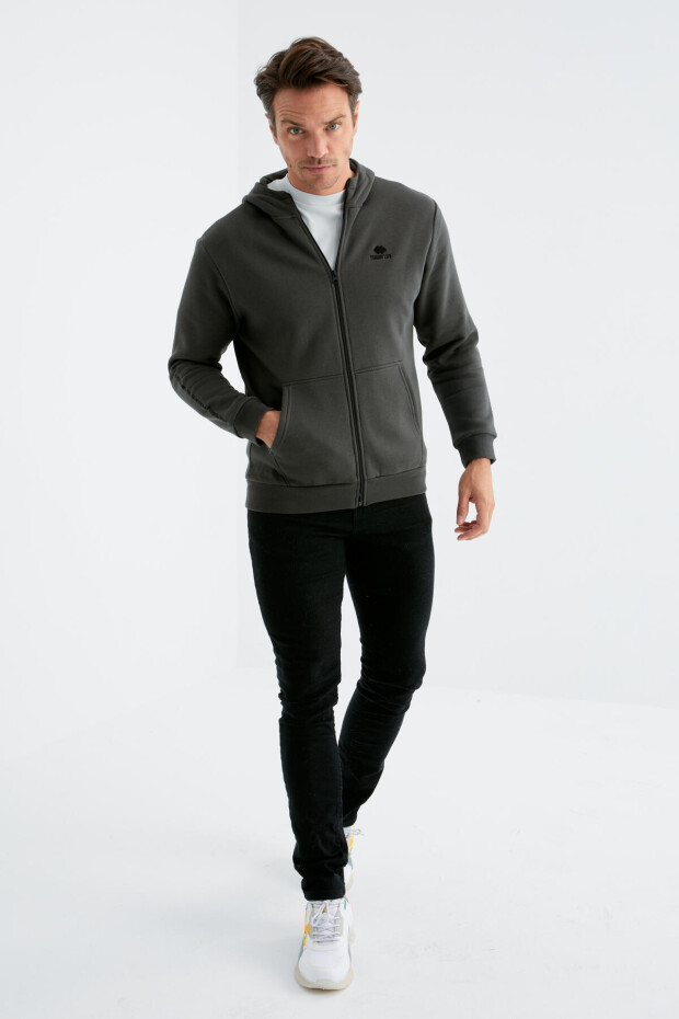 Haki Basic Kapüşonlu Rahat Form Nakış Detaylı Fermuarlı Erkek Sweatshirt - 88035