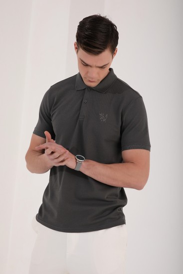 TommyLife - Haki Klasik Black Yazı Nakışlı Standart Kalıp Polo Yaka Erkek T-Shirt - 87760