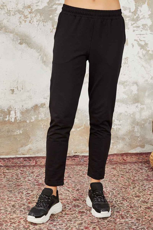 Haki - Siyah Kapüşonlu Kanguru Cep Rahat Form Dar Paça Kadın Eşofman Tunik Takım - 95238