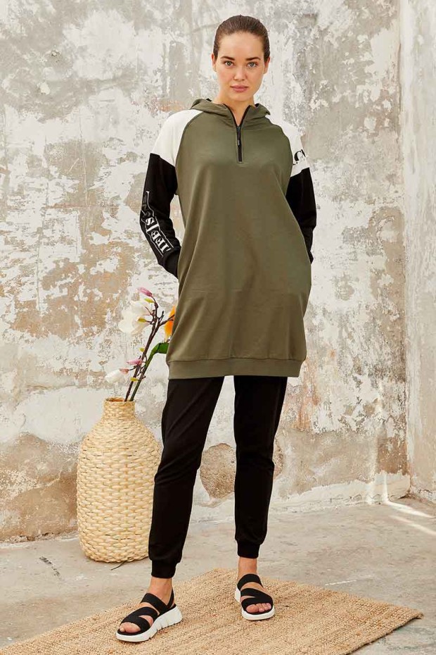 Haki - Siyah Kapüşonlu Yarım Fermuar Rahat Form Jogger Kadın Eşofman Tunik Takım - 95250