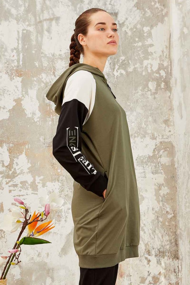 Haki - Siyah Kapüşonlu Yarım Fermuar Rahat Form Jogger Kadın Eşofman Tunik Takım - 95250