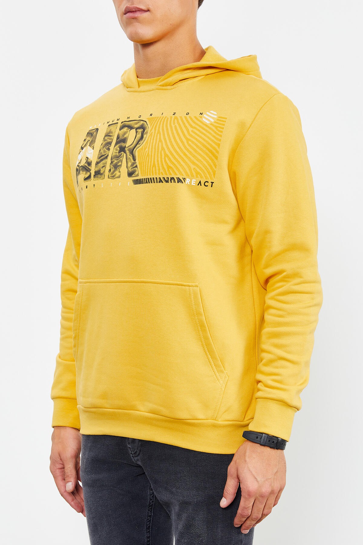 Hardal Air Yazı Baskılı Kapüşonlu Rahat Form Erkek Sweatshirt - 88009