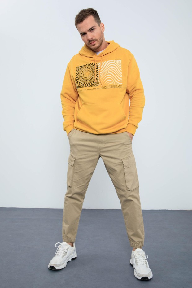 Hardal Desen Baskılı Kapüşonlu Rahat Form Erkek Sweatshirt - 88030
