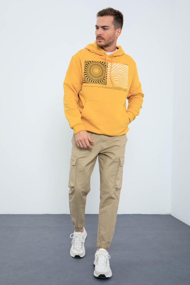 Hardal Desen Baskılı Kapüşonlu Rahat Form Erkek Sweatshirt - 88030