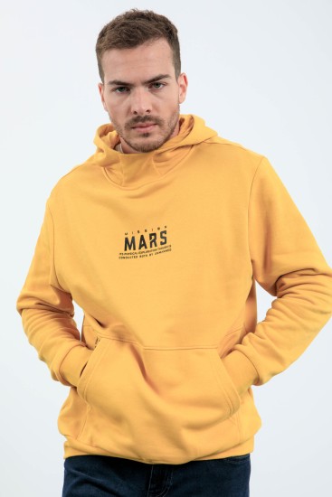 Hardal Mars Yazı Ve Sırt Baskılı Kapüşonlu Rahat Form Erkek Sweatshirt - 88032 - Thumbnail