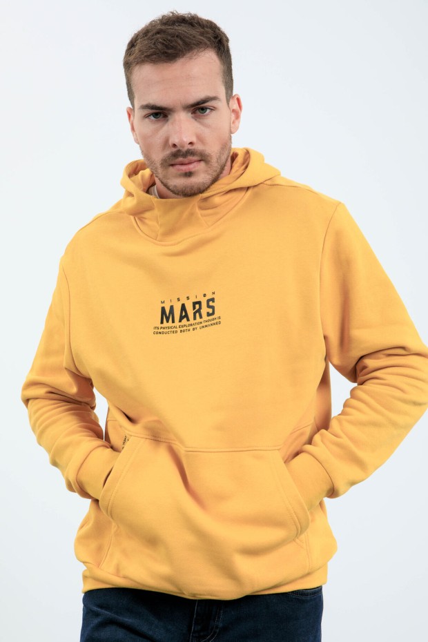 Hardal Mars Yazı Ve Sırt Baskılı Kapüşonlu Rahat Form Erkek Sweatshirt - 88032