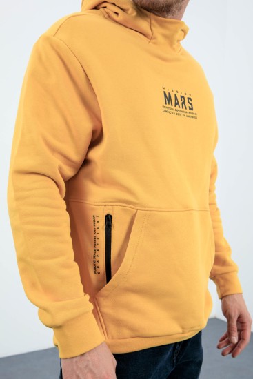 Hardal Mars Yazı Ve Sırt Baskılı Kapüşonlu Rahat Form Erkek Sweatshirt - 88032 - Thumbnail