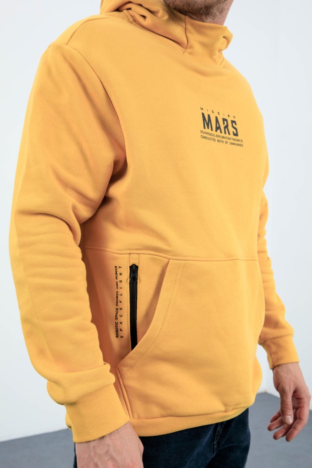 Hardal Mars Yazı Ve Sırt Baskılı Kapüşonlu Rahat Form Erkek Sweatshirt - 88032