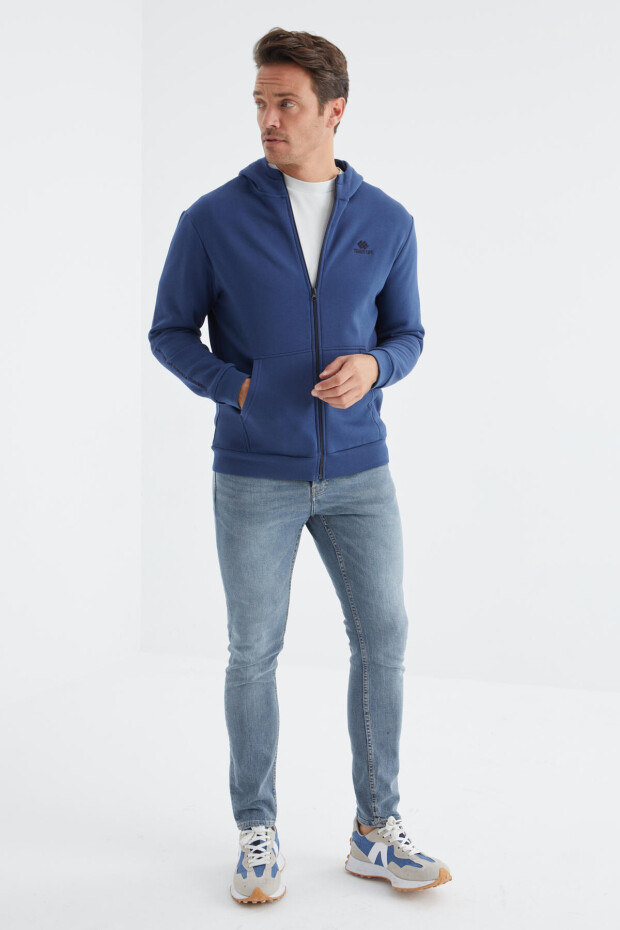 İndigo Basic Kapüşonlu Rahat Form Nakış Detaylı Fermuarlı Erkek Sweatshirt - 88035