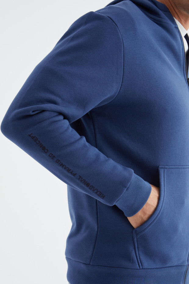 İndigo Basic Kapüşonlu Rahat Form Nakış Detaylı Fermuarlı Erkek Sweatshirt - 88035