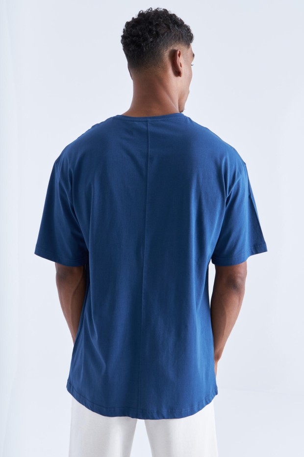İndigo Baskı Detaylı O Yaka Erkek Oversize T-Shirt - 88093