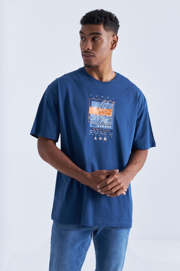İndigo Baskı Detaylı O Yaka Erkek Oversize T-Shirt - 88094