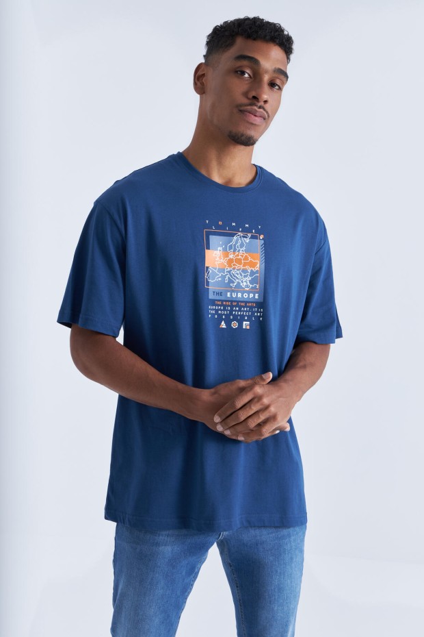 İndigo Baskı Detaylı O Yaka Erkek Oversize T-Shirt - 88094