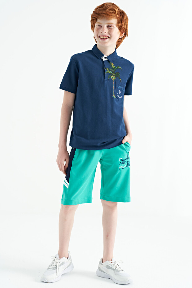 İndigo Baskılı Cep Detaylı Standart Kalıp Polo Yaka Erkek Çocuk T-Shirt - 11144