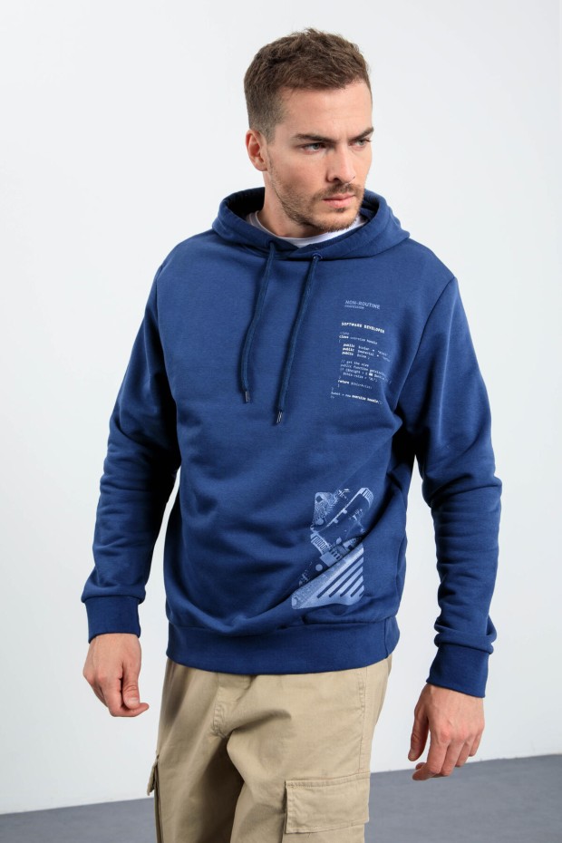İndigo Desen Baskılı Kapüşonlu Rahat Form Erkek Sweatshirt - 88018