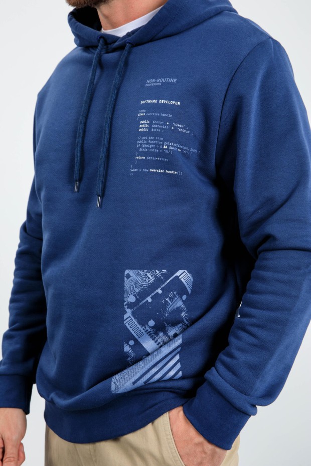 İndigo Desen Baskılı Kapüşonlu Rahat Form Erkek Sweatshirt - 88018