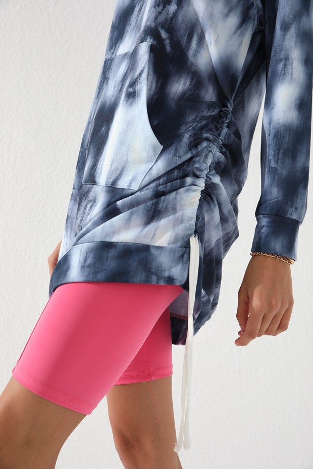 İndigo Karışık Desenli Büzgü Detaylı Rahat Form Kapüşonlu Kadın Sweatshirt - 97131