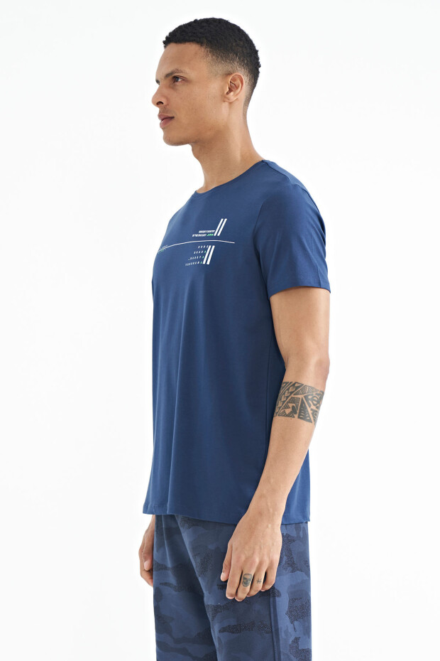 İndigo Ön Ve Kol Baskı Detaylı Standart Form O Yaka Erkek T-shirt - 88213