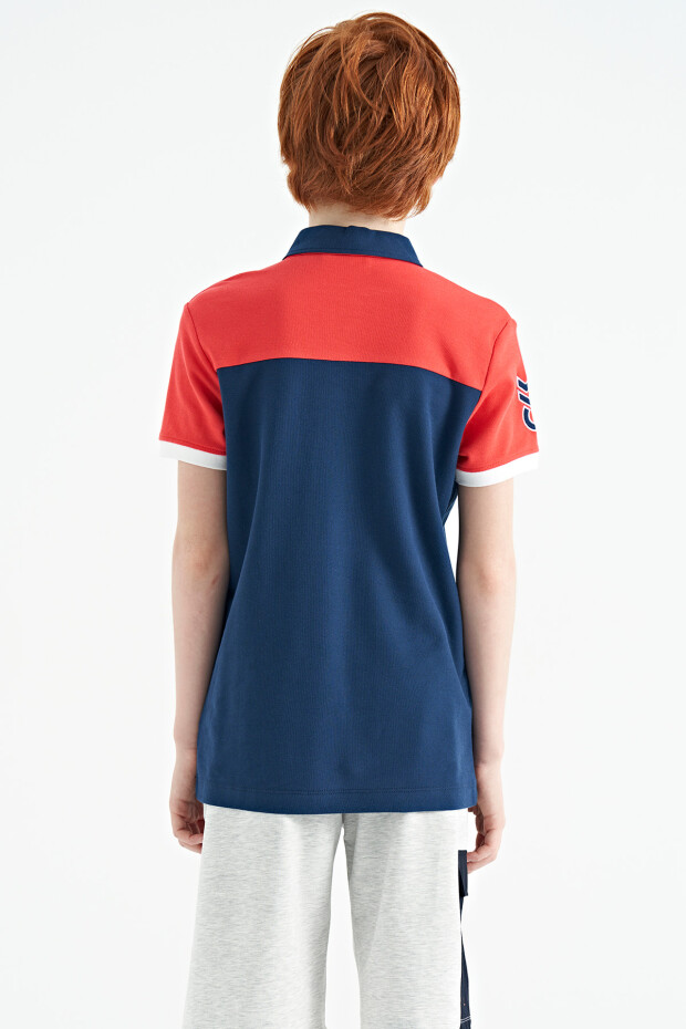 İndigo Renk Bloklu Yazı Nakışlı Standart Kalıp Polo Yaka Erkek Çocuk T-Shirt - 11087