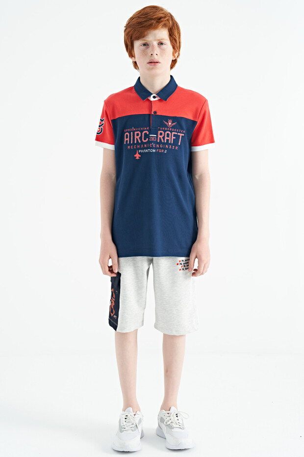 İndigo Renk Bloklu Yazı Nakışlı Standart Kalıp Polo Yaka Erkek Çocuk T-Shirt - 11087