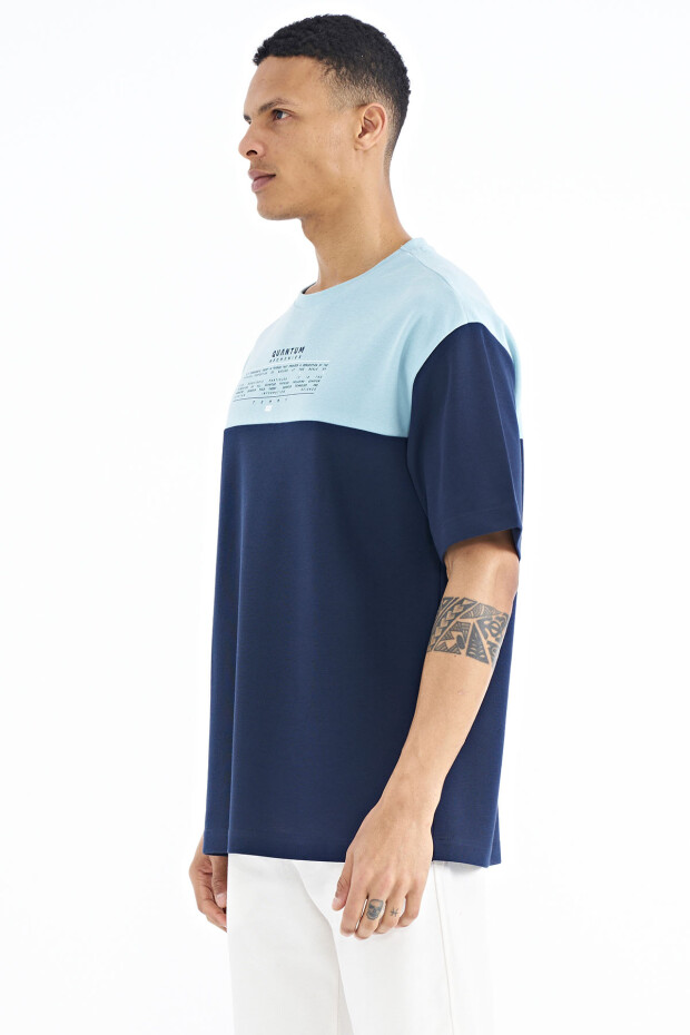 İndigo Renk Geçişli Baskı Detaylı O Yaka Oversize Erkek T-shirt - 88225