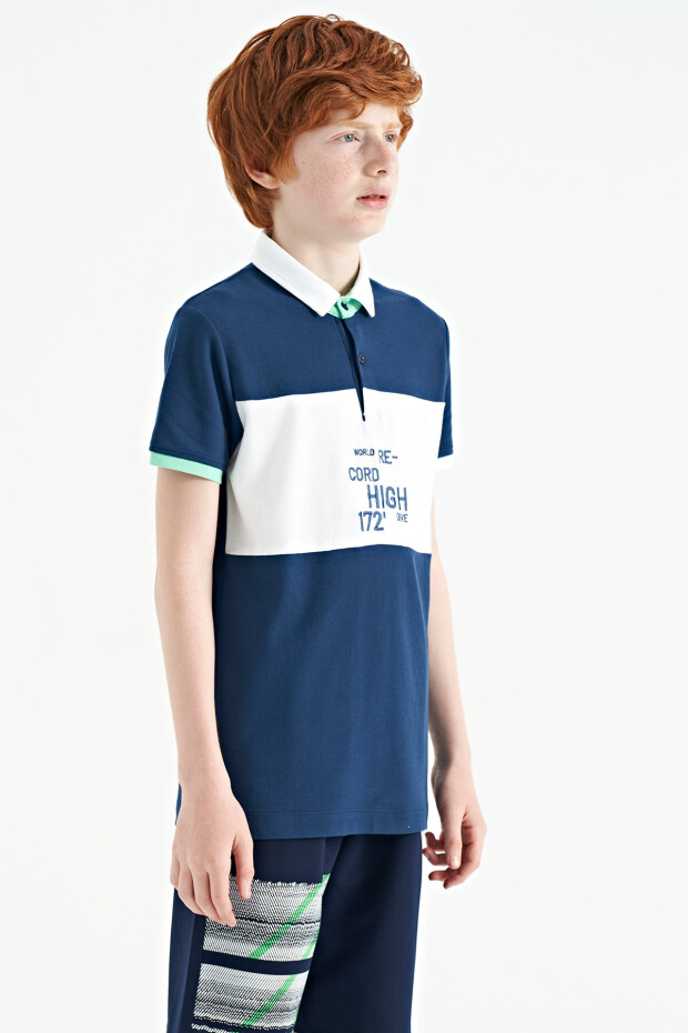 İndigo Renk Geçişli Nakış Detaylı Standart Kalıp Polo Yaka Erkek Çocuk T-Shirt - 11110