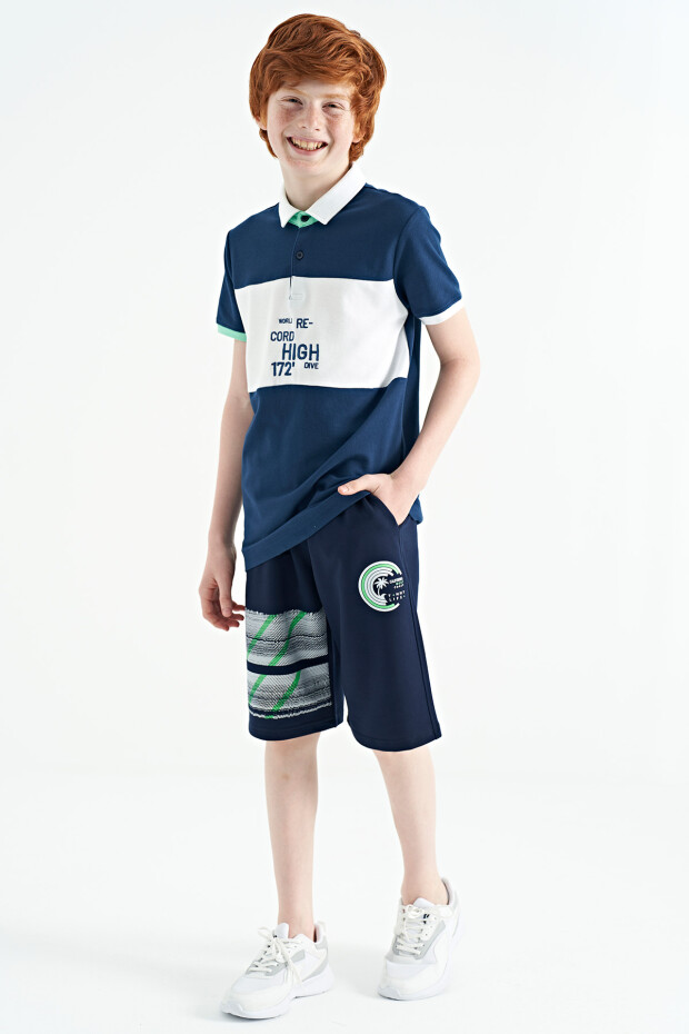 İndigo Renk Geçişli Nakış Detaylı Standart Kalıp Polo Yaka Erkek Çocuk T-Shirt - 11110