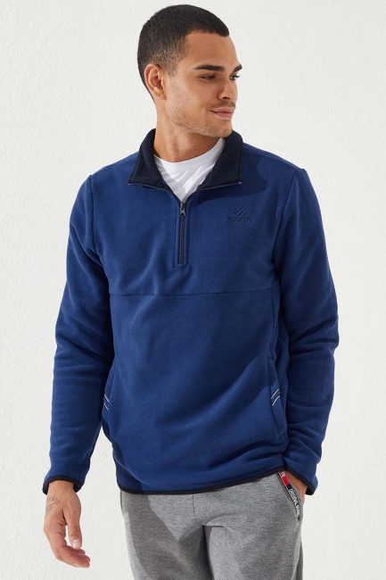 İndigo Yarım Fermuarlı Sweatshirt Slim Fit Dik Yaka Erkek Polar - 87891 - Thumbnail