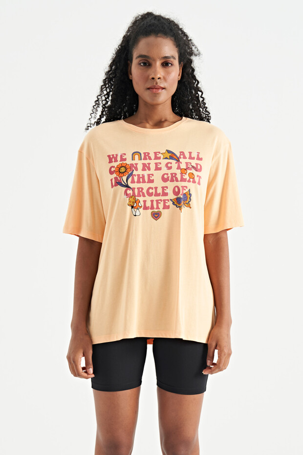 Kavun Içi Yazı Baskılı Düşük Omuzlu O Yaka Oversize Kadın T-Shirt - 02305