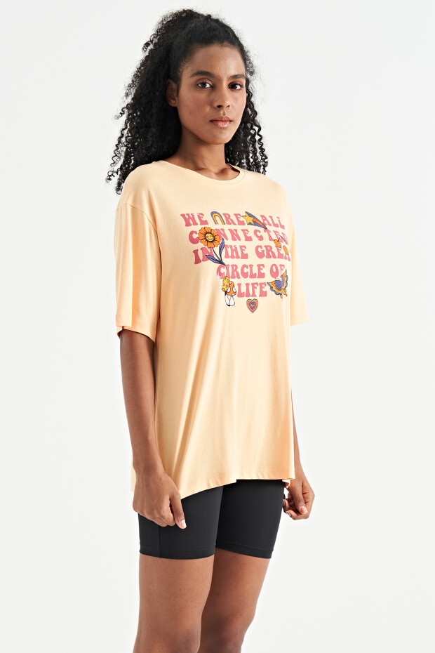 Kavun Içi Yazı Baskılı Düşük Omuzlu O Yaka Oversize Kadın T-Shirt - 02305