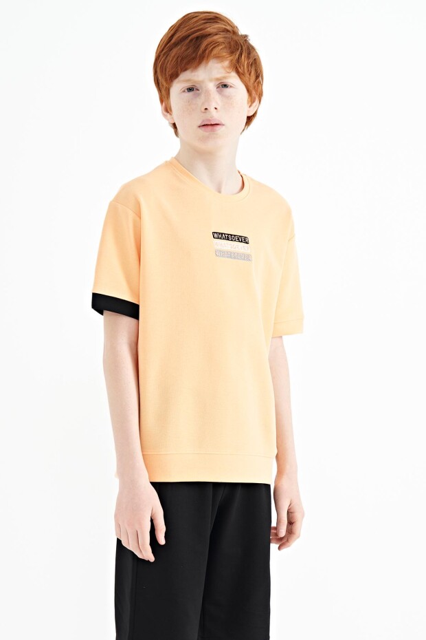 Kavun Içi Yazı Nakışlı O Yaka Oversize Erkek Çocuk T-Shirt - 11146