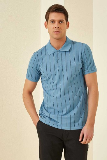 Kirli Mavi Çizgili Kısa Kol Standart Kalıp Polo Yaka Erkek T-Shirt - 87797 - Thumbnail