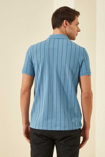 Kirli Mavi Çizgili Kısa Kol Standart Kalıp Polo Yaka Erkek T-Shirt - 87797 - Thumbnail