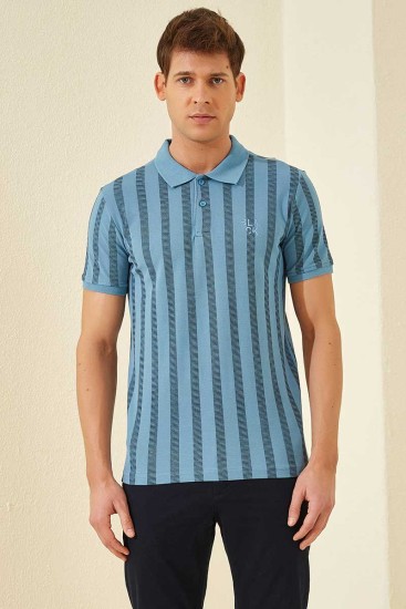 Kirli Mavi Desen Çizgili Standart Kalıp Polo Yaka Erkek T-Shirt - 87805 - Thumbnail