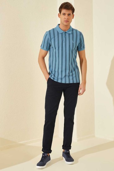 Kirli Mavi Desen Çizgili Standart Kalıp Polo Yaka Erkek T-Shirt - 87805 - Thumbnail