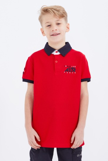 TommyLife - Kırmızı Air Yazılı Standart Kalıp Polo Yaka Erkek Çocuk T-Shirt - 10894